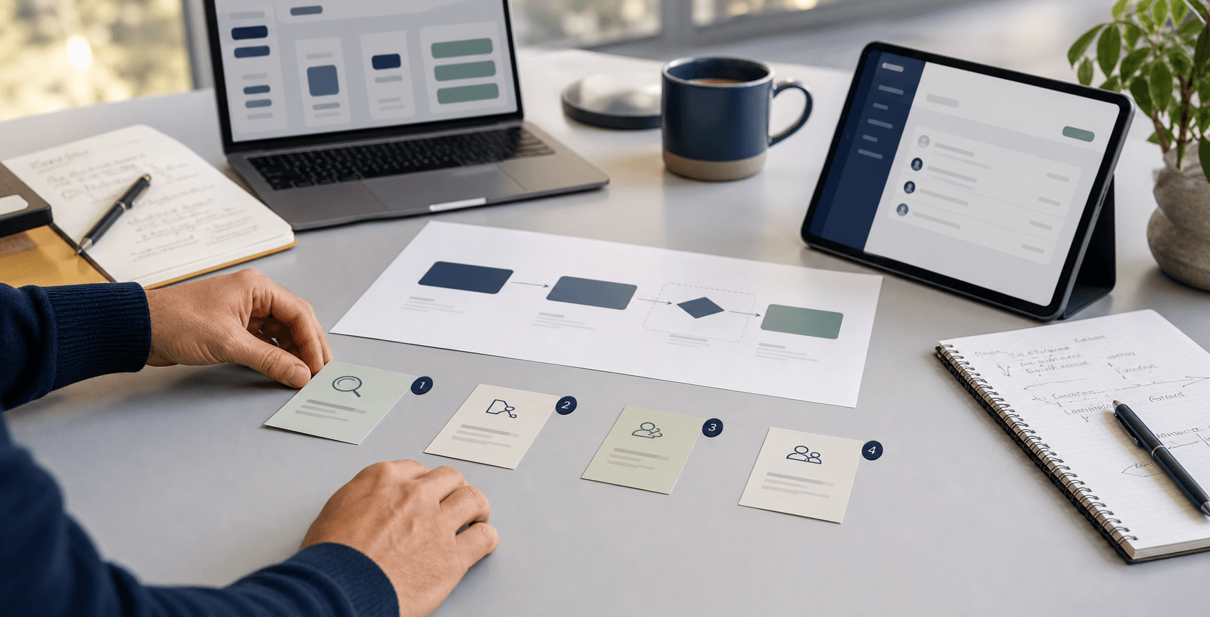 Founder arranging a step-by-step bottleneck matching workflow